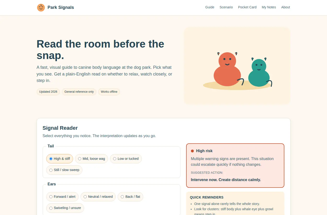 Screenshot of Dog Park Body Language Guide interface showing the project page in use